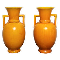 Pair mid 19Th C English Imperial Yellow glaze Vases with handles