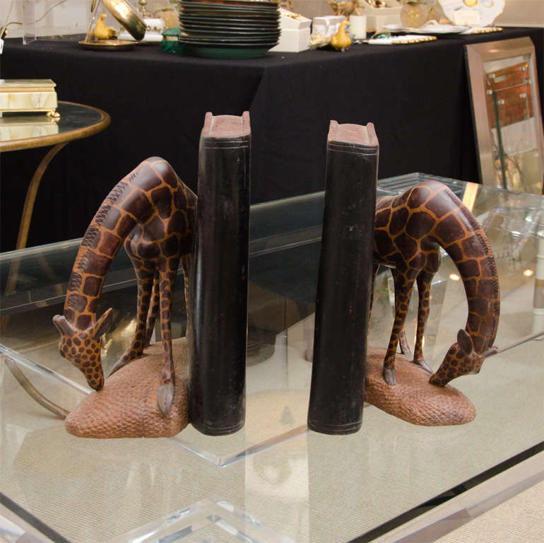 Mid-20th Century Pair of Beautifully Hand Carved Giraffe Bookends