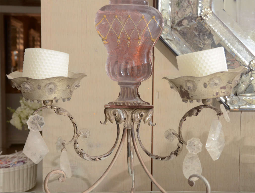 Pair of Metal, Glass and Rock Crystal 2-Light Candelabra For Sale 1