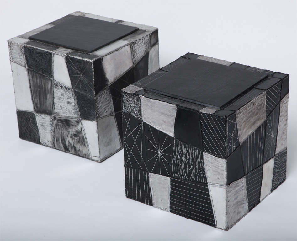 Pair of Paul Evans Argente Cube Tables model # PE 37<br />
Paul Evans Studio? Directional<br />
Welded and painted Aluminum with Slate tops