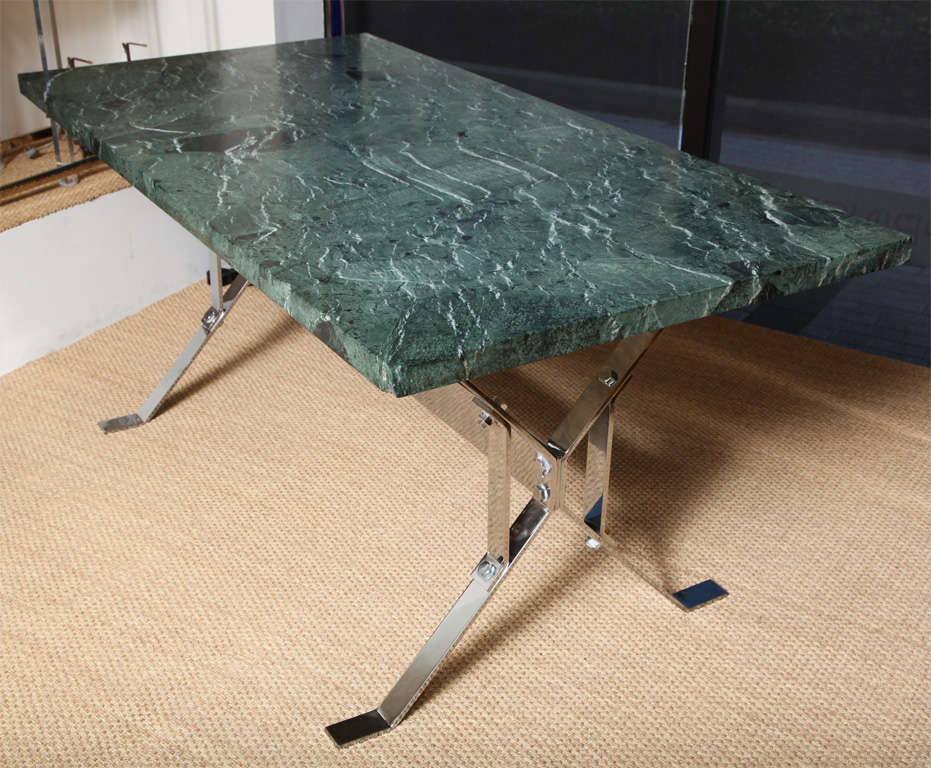 Designed by Alessandro Albrizzi, this fantastic writing or library table comes with 1 3/4 a thick rare green marble-top (serpentina verde).