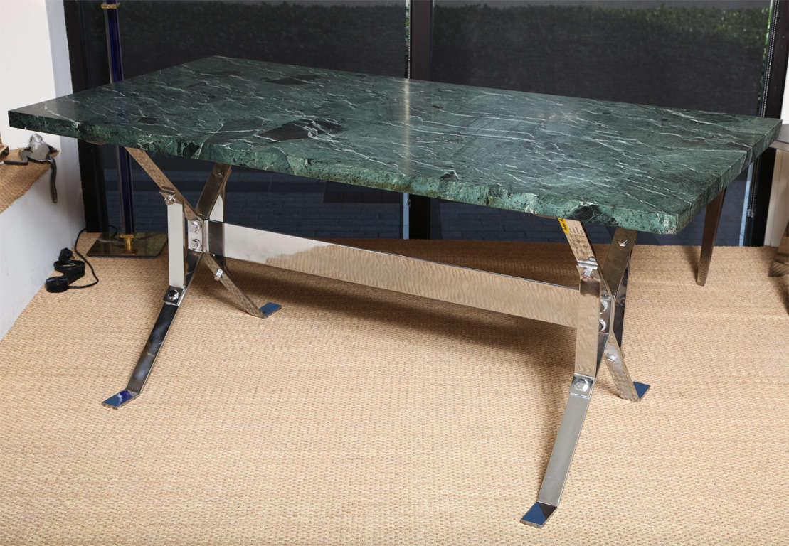 Albrizzi Architectural Steel Base Table with Serpentina Verde Marble For Sale 1