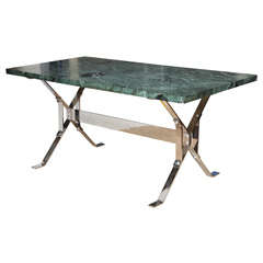 Architectural Steel Base Trestle Table with Serpentina Verde Marble Top 11