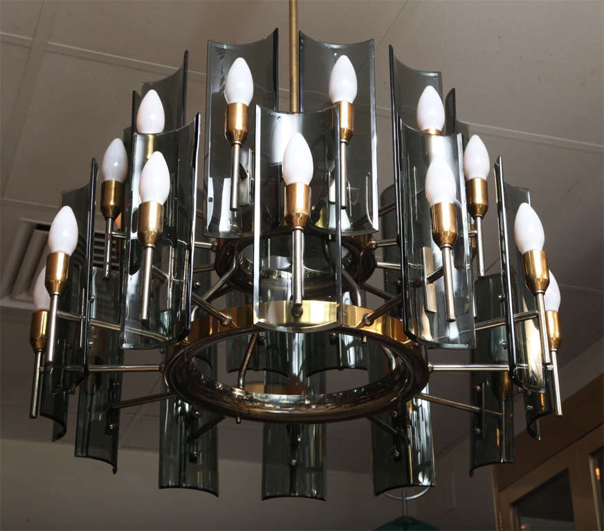 Brass Italian Mid-century 24-Lights Curved Smoked Glass Chandelier For Sale