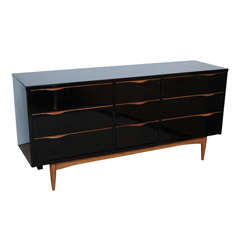 Midcentury High Gloss Black Lacquer and Teak Dresser