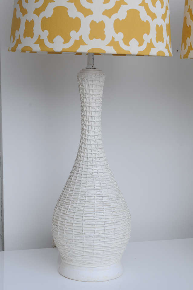 American Pair of 1950's White Woven Rattan Table Lamps