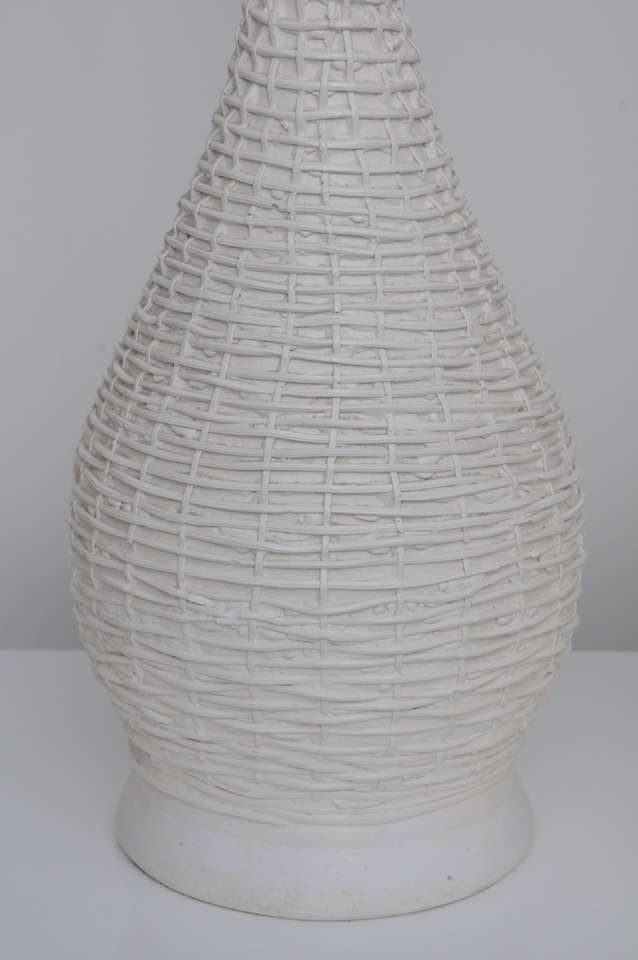 Mid-20th Century Pair of 1950's White Woven Rattan Table Lamps