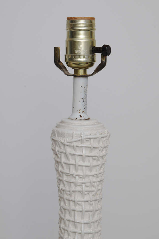 Plaster Pair of 1950's White Woven Rattan Table Lamps