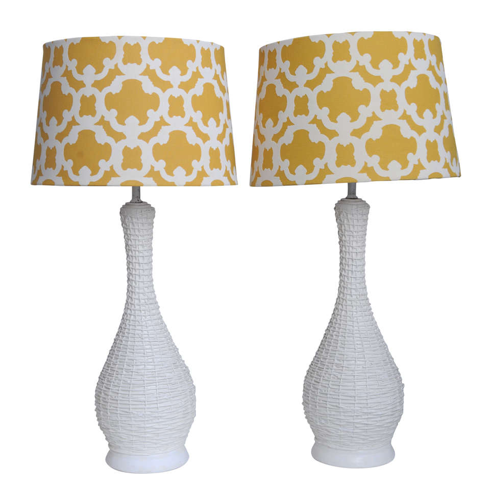 Pair of 1950's White Woven Rattan Table Lamps