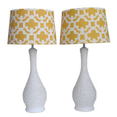 Pair of 1950's White Woven Rattan Table Lamps