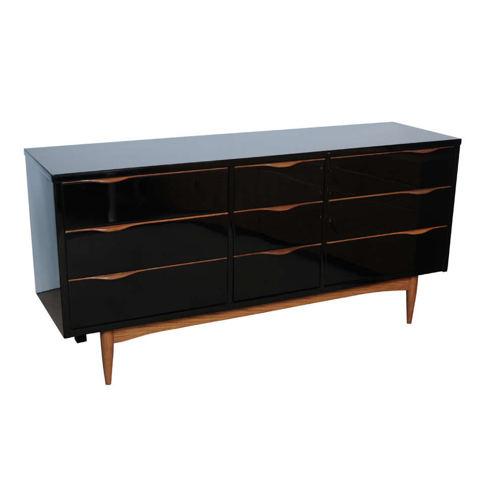 Midcentury High Gloss Black Lacquer and Teak Dresser at 1stDibs high