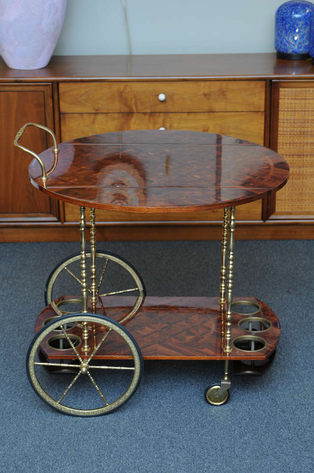 Mid-Century Modern Aldo Tura Rosewood Parquetry Trolley Bar Cart