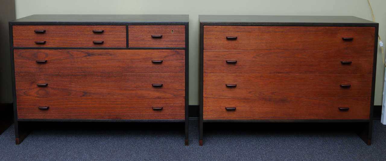 REDUCED FROM $4250....Stunning Classic Hans Wegner commodes or chests of drawers produced by Ry Møbler, dated on their backs 1956. Two available, one with four drawers each and the second with three drawers topped by two felt lined thin drawers and