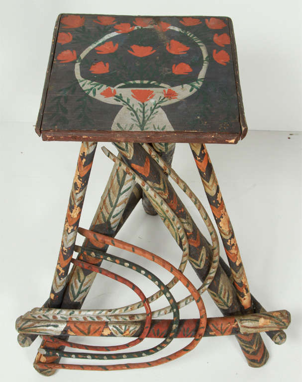 Rustic Willow Twig Bentwood Side Table artfully painted with a primative floral design. Beautiful colors and age.