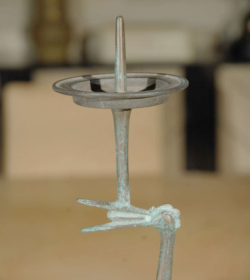 Pair Chinese Bronze Cranes with Tortoise Candle Holders In Good Condition In Los Angeles, CA