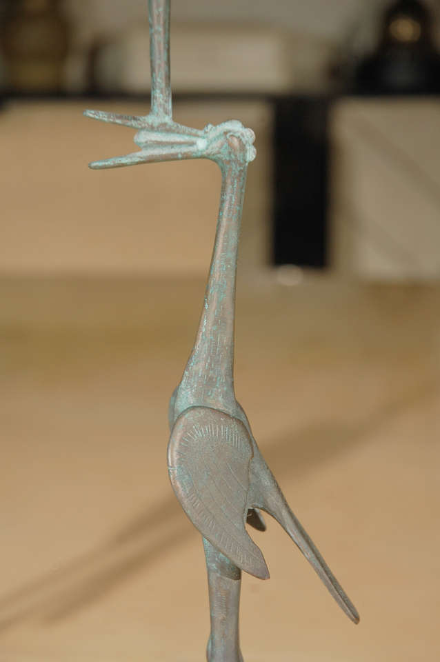 20th Century Pair Chinese Bronze Cranes with Tortoise Candle Holders