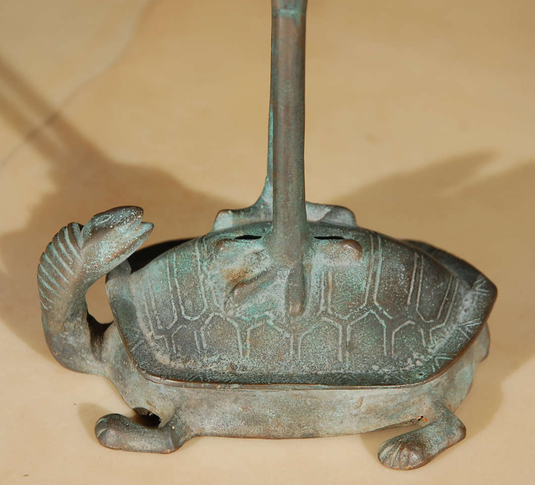 Pair Chinese Bronze Cranes with Tortoise Candle Holders 1