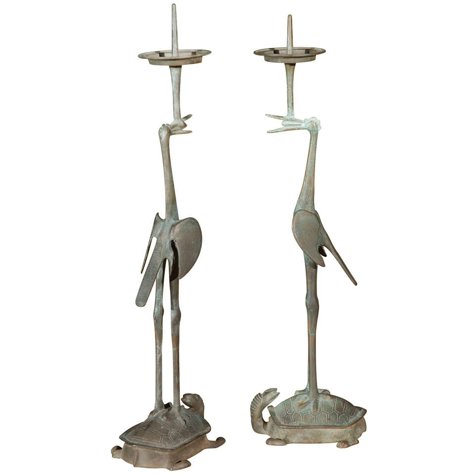 Pair Chinese Bronze Cranes with Tortoise Candle Holders