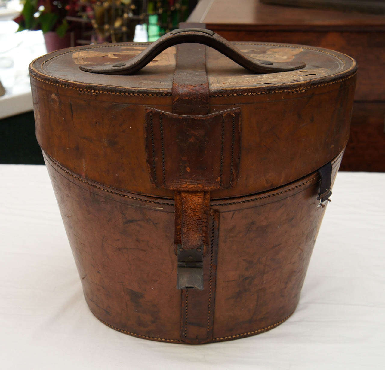 An antique leather Hat Box