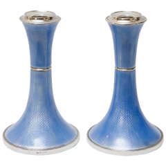 Pair of Sterling Silver & Guilloche Enamel Candlesticks by Charles Green & Co.