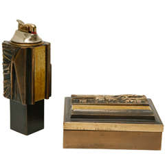 Vintage Enameled Bronze Table Lighter and Box by Del Campo