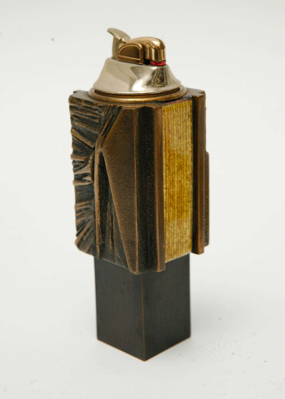 Mid-Century Modern Enameled Bronze Table Lighter and Box by Del Campo