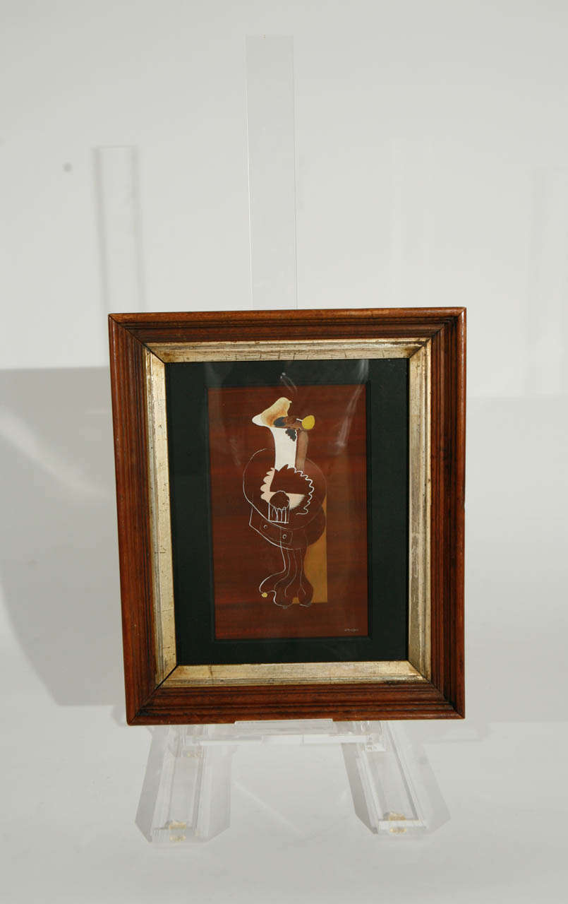 A fun abstract painting on a merlot background in its original walnut & gilt frame with antique glass. We have not been able to find any information on the artist, but it is signed at the bottom right 