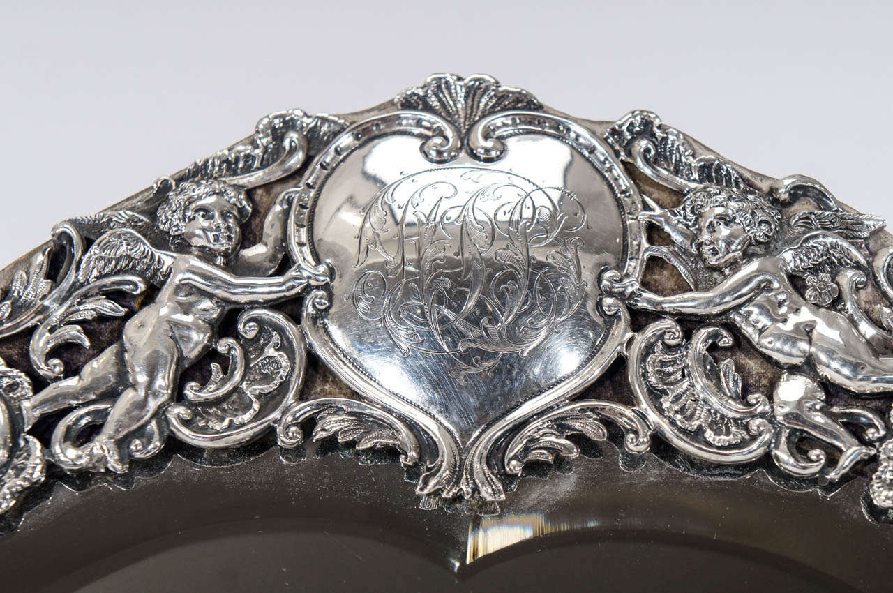 Neoclassical English 19th Century Sterling Silver Monumental Frame with Filigree Decoration on Velvet