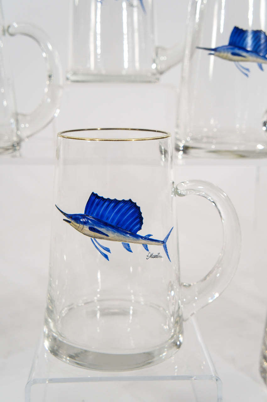 Set of 12 Art Deco Moser/Bohemian Hand Painted, Artist Signed Sailfish Beer Mugs In Excellent Condition In Great Barrington, MA