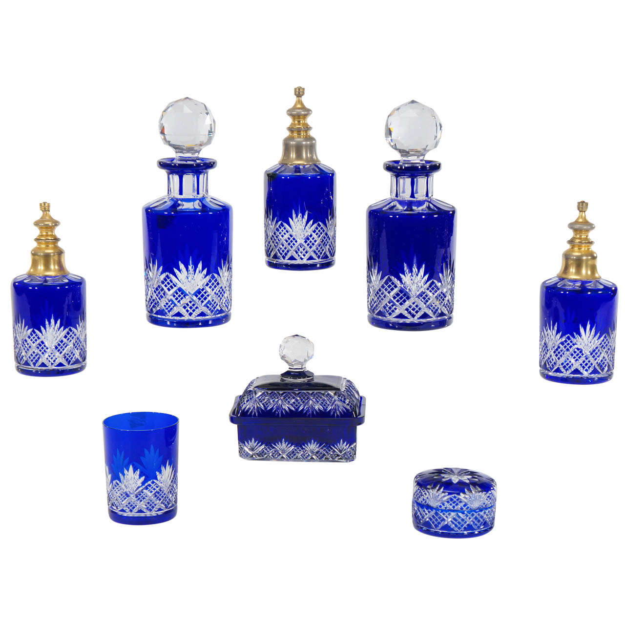  Baccarat Cobalt Cut to Clear Crystal Eight Piece Dresser Set 19th Century For Sale