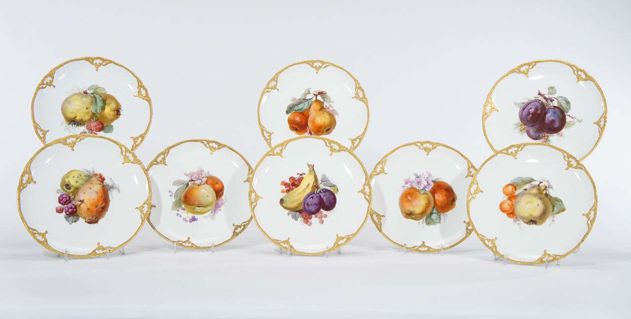 The KPM factory produced some of the finest hand painted porcelain and these plates are fantastic examples. The masterful and finely detailed depictions are amazingly realistic. These examples are the more unusual fruits including prickly pears and