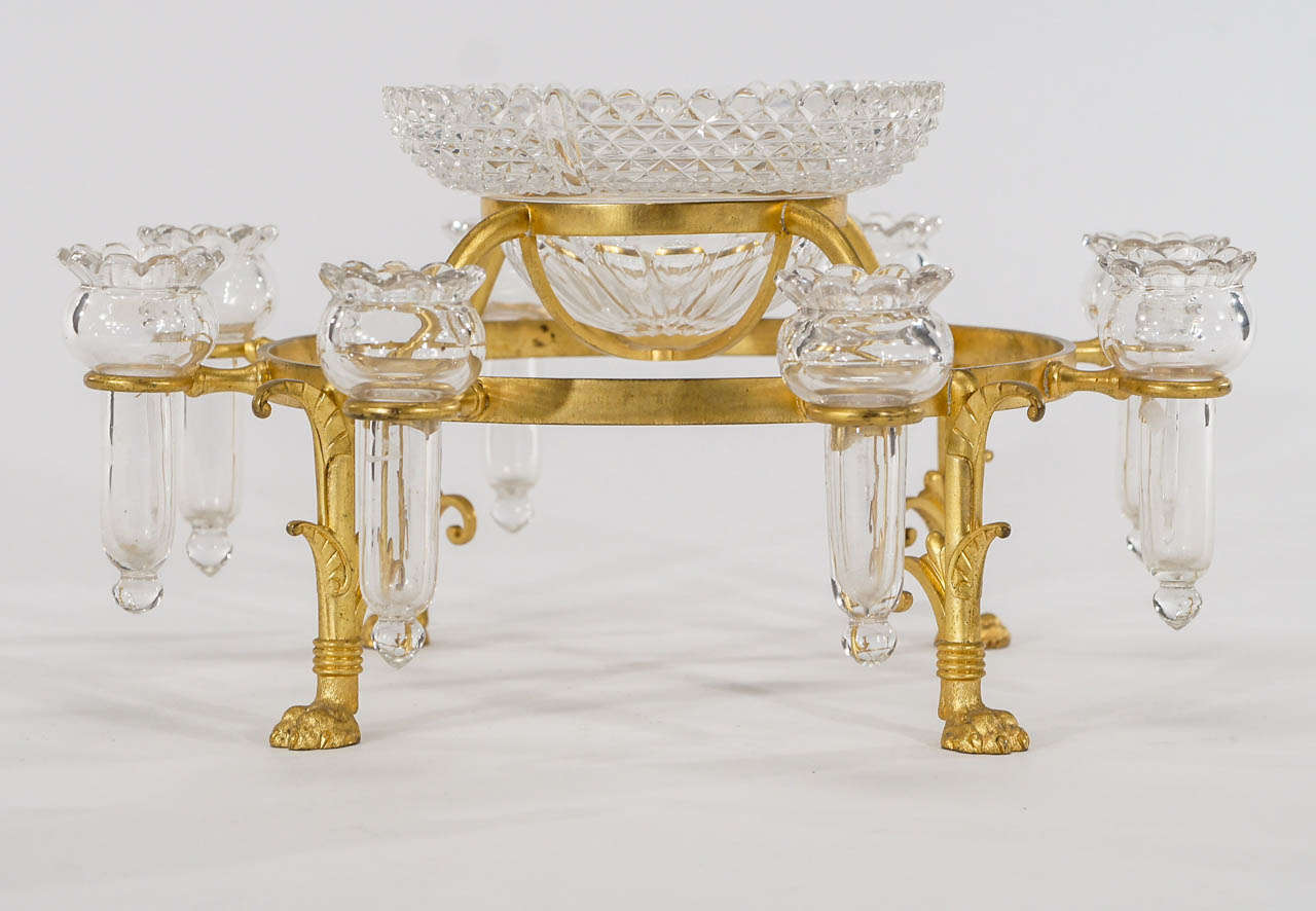 Belle Époque Osler Bronze Vermeil Epergne with Hand Blown Crystal Trumpets & Center Bowl