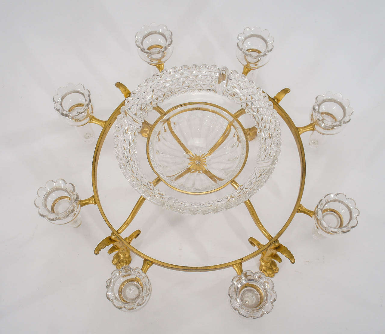 British Osler Bronze Vermeil Epergne with Hand Blown Crystal Trumpets & Center Bowl