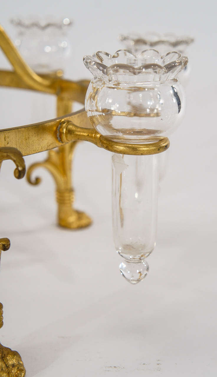 Osler Bronze Vermeil Epergne with Hand Blown Crystal Trumpets & Center Bowl In Excellent Condition In Great Barrington, MA