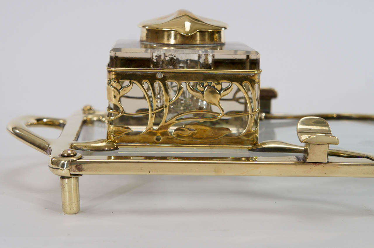19th Century Art Nouveau Double Inkwell Brass & Solid Crystal circa 1890 For Sale