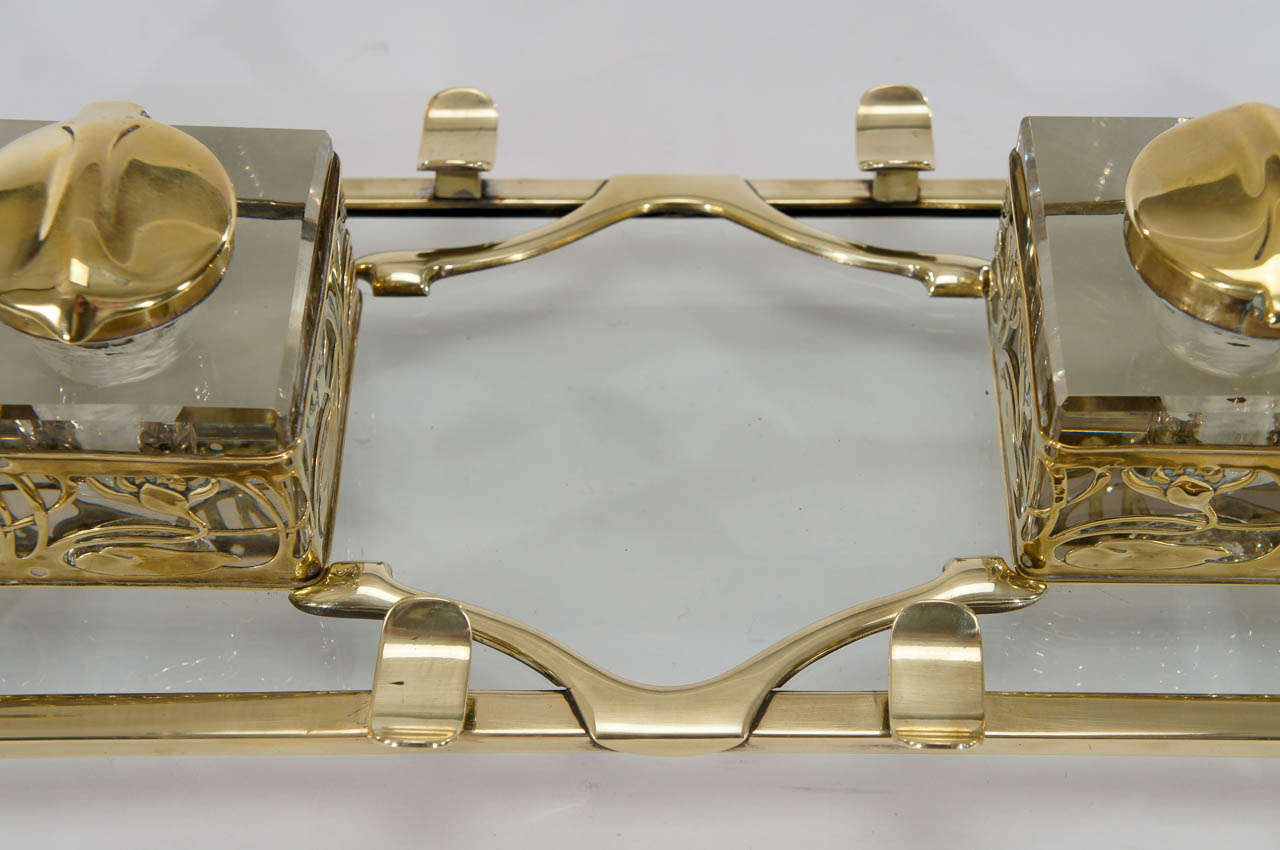 Art Nouveau Double Inkwell Brass & Solid Crystal circa 1890 For Sale 1