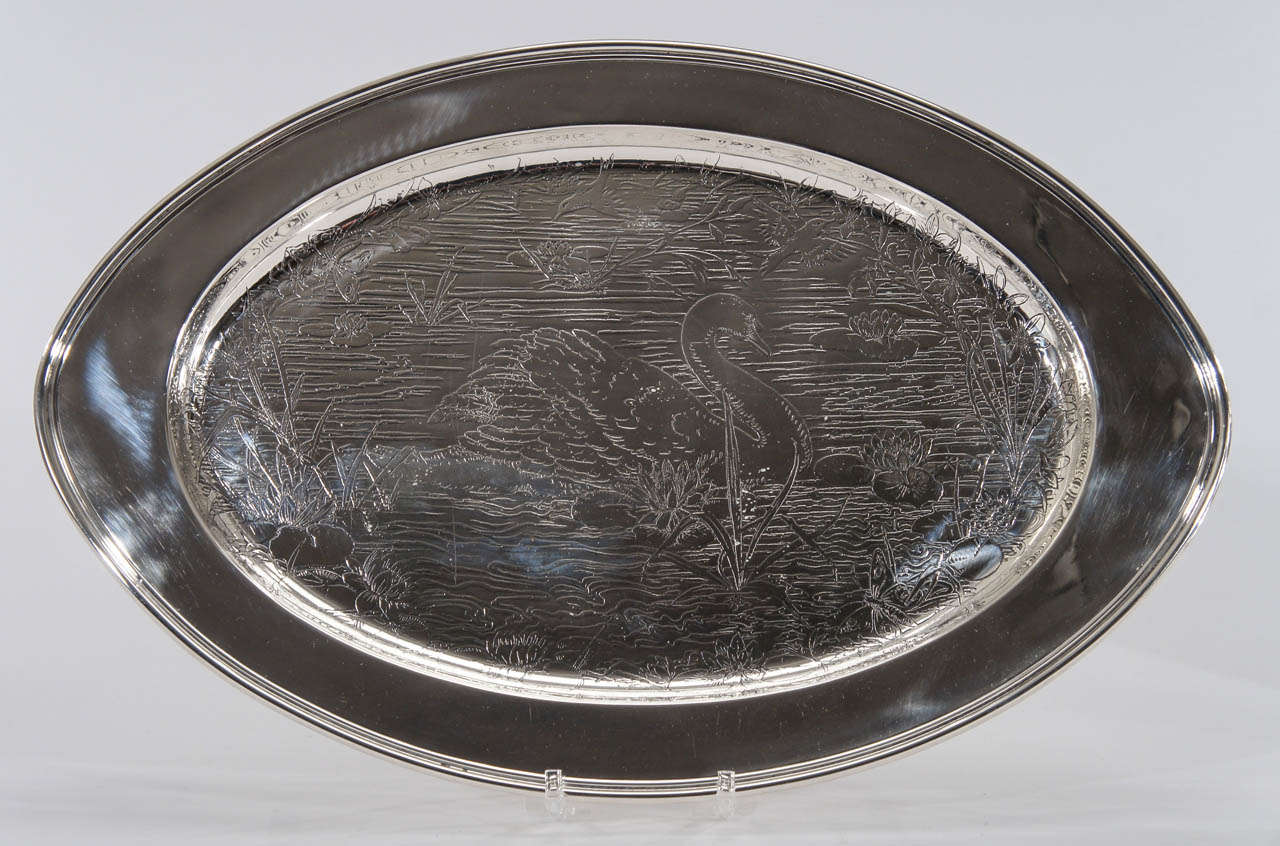 American Pair of Sterling Silver Swan Engraved Matching Platters, Well & Tree-Weidlich Bros. For Sale