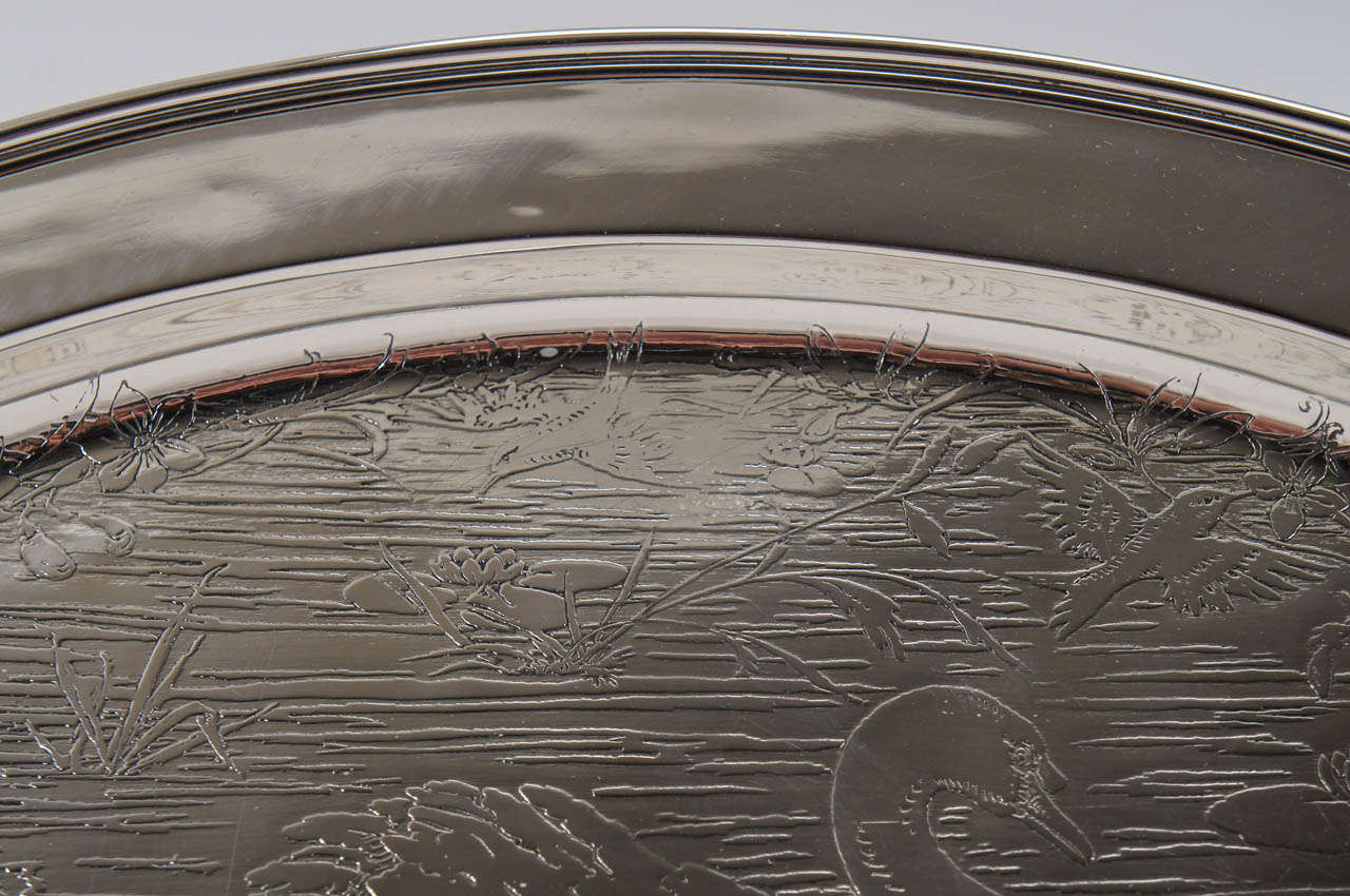 20th Century Pair of Sterling Silver Swan Engraved Matching Platters, Well & Tree-Weidlich Bros. For Sale