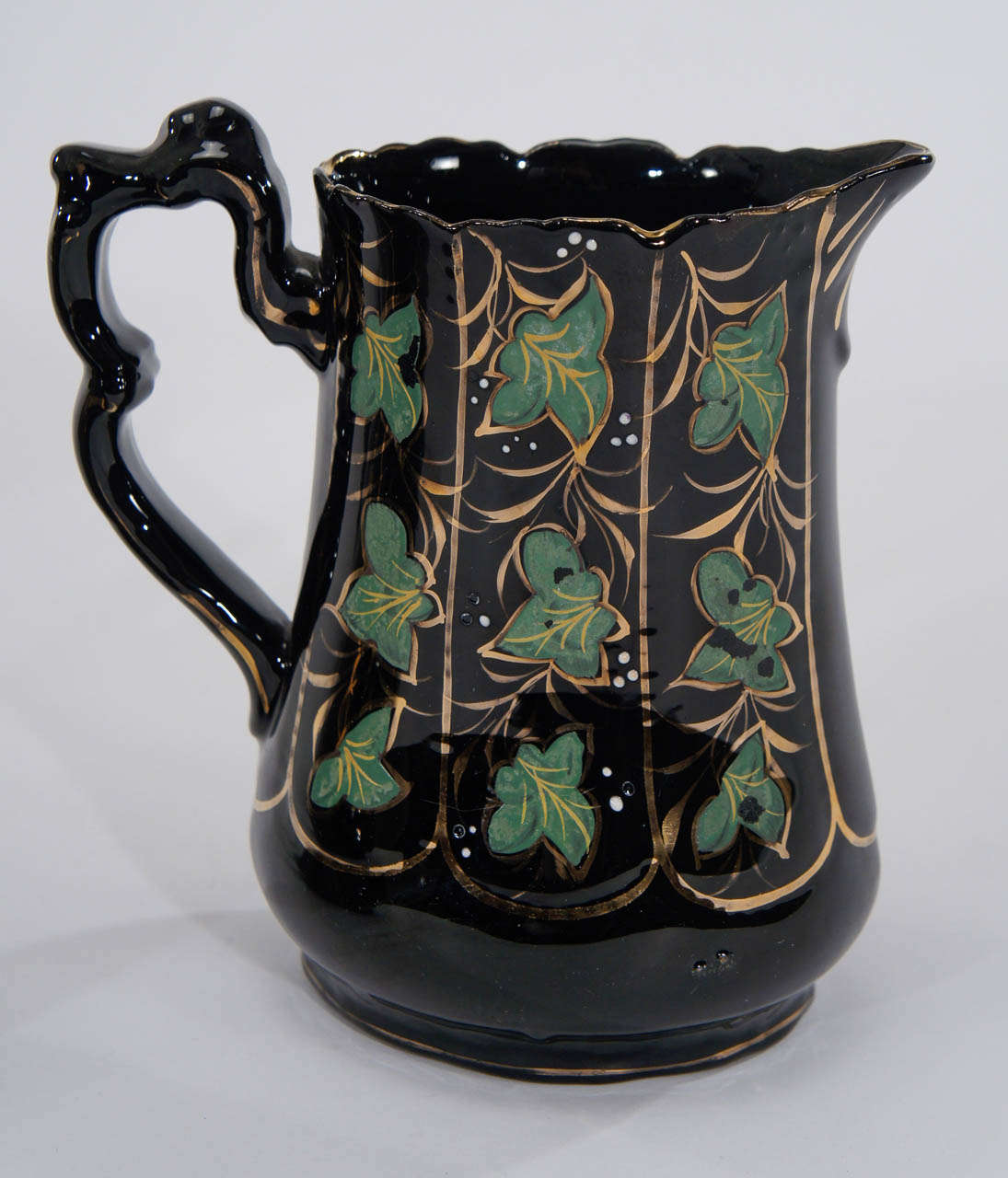 British Three 18th Century Jackfield Pitchers with Hand-Painted Ivy and Gilt Decoration