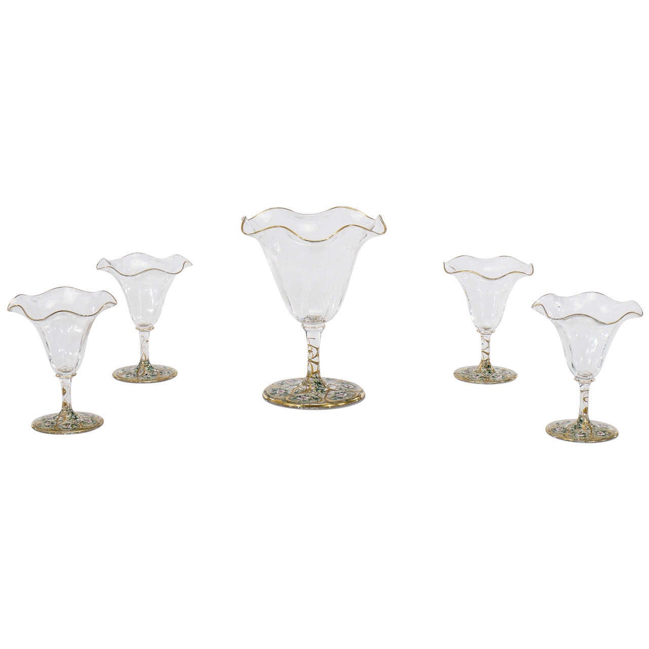 Centre de table Art Nouveau de 5 pièces avec décoration florale et or en émail polychrome peinte à la main