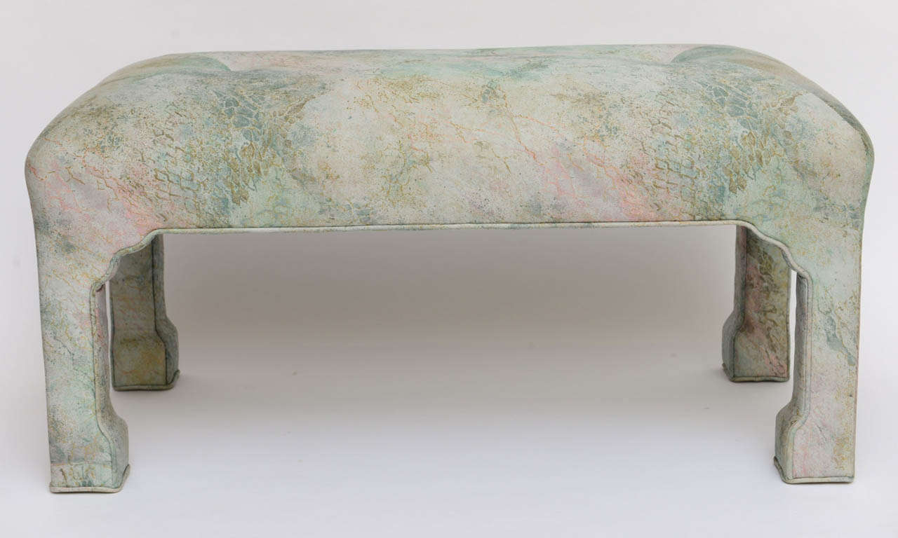 Beautiful deftly upholstered bench in a Aurora borealis silky print fabric from Thayer Coggin. Most likely a Milo Baughman design with stylized legs with a Asian hint. Upholstered on the bias. Dreamy and comfy. Perfect bed