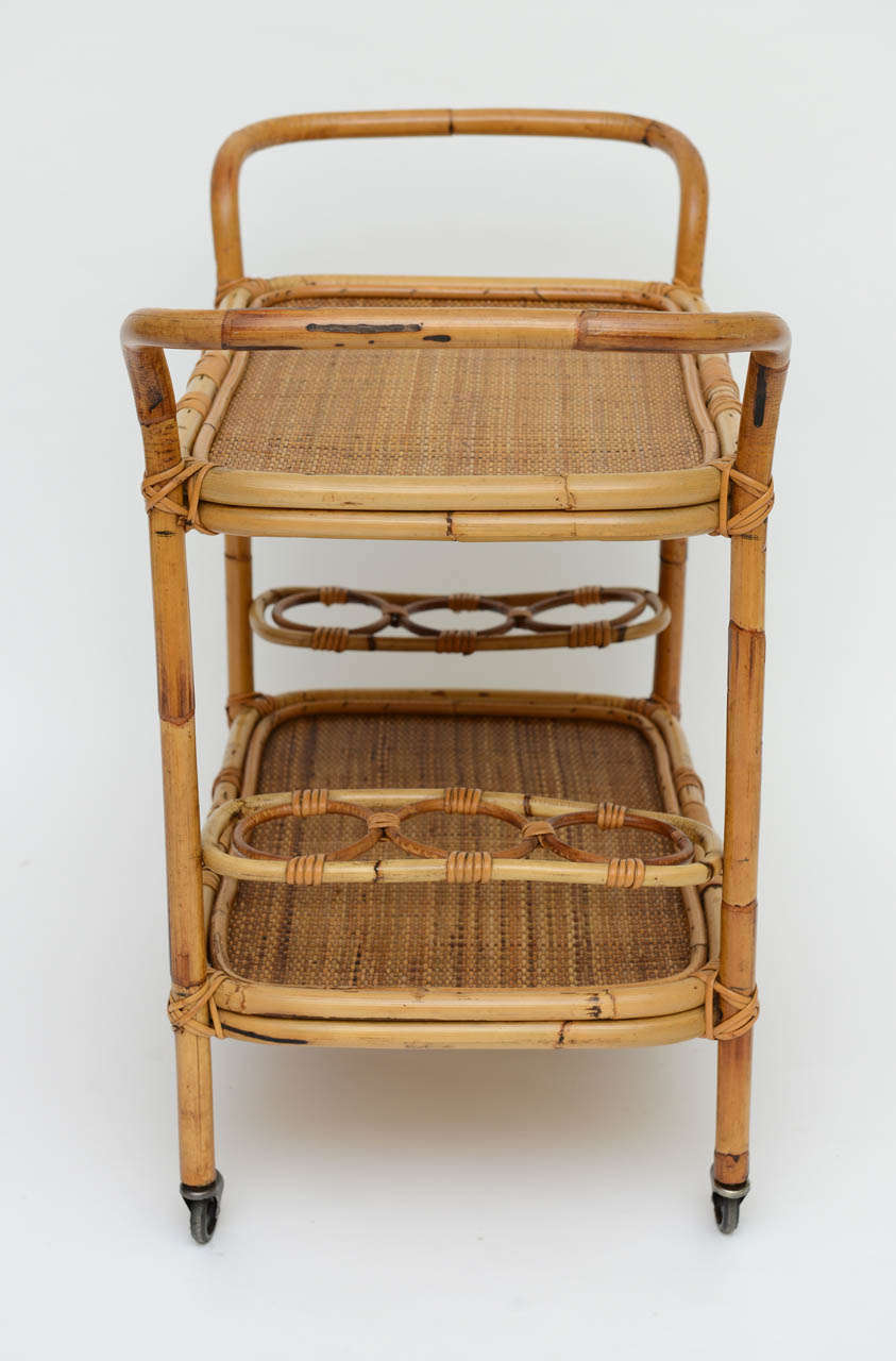 Mid-Century Modern 1960s Rolling Rattan and Cane Bar Cart