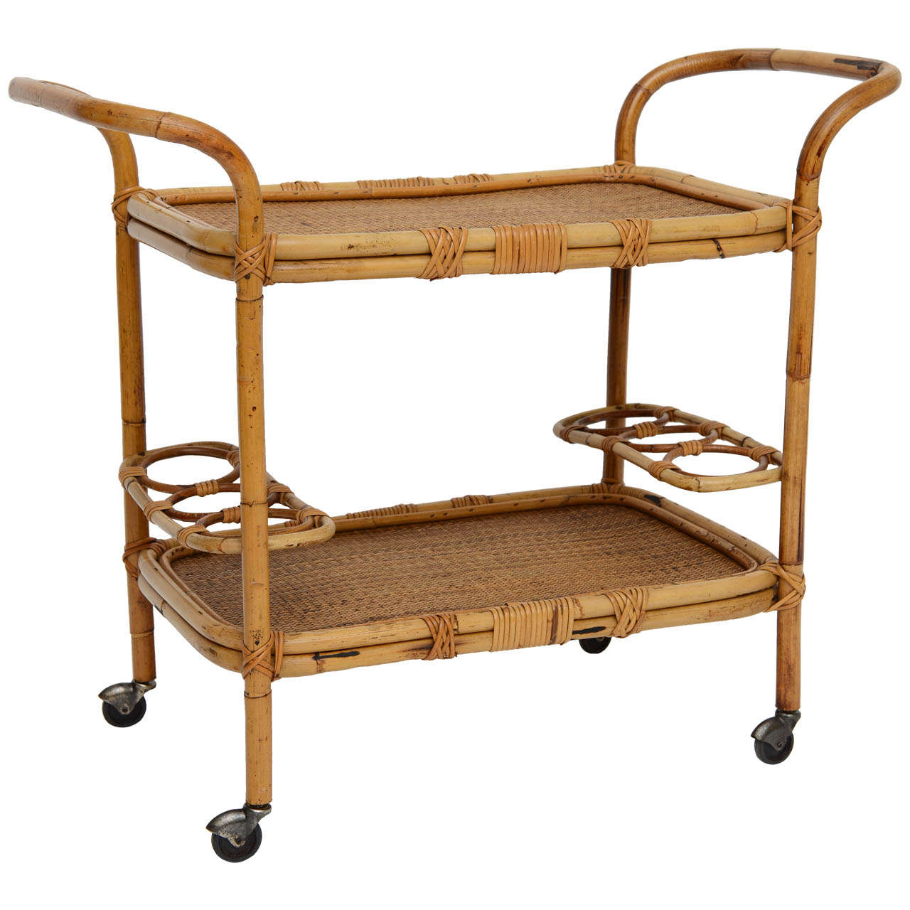 1960s Rolling Rattan and Cane Bar Cart