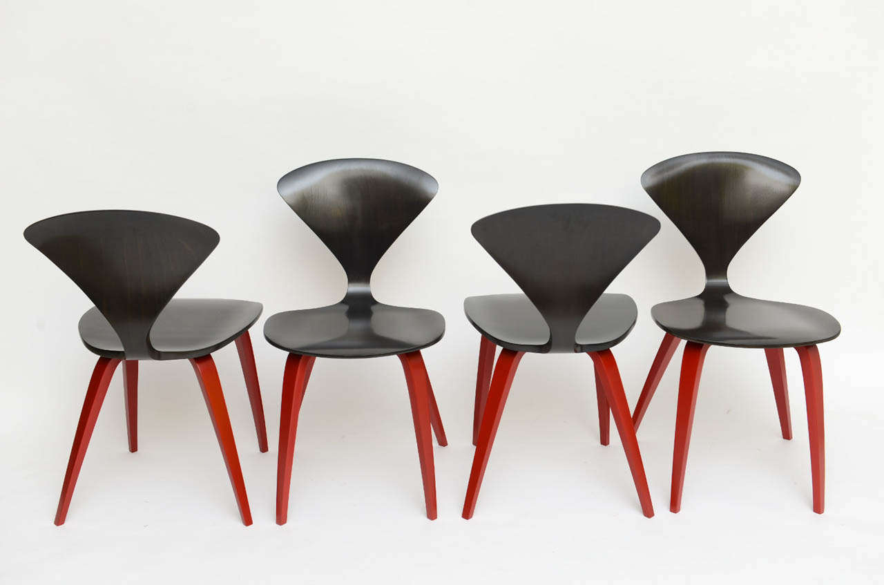 Mid-Century Modern Ebonized Walnut Cherner Style Chairs with Chinese  Red Legs