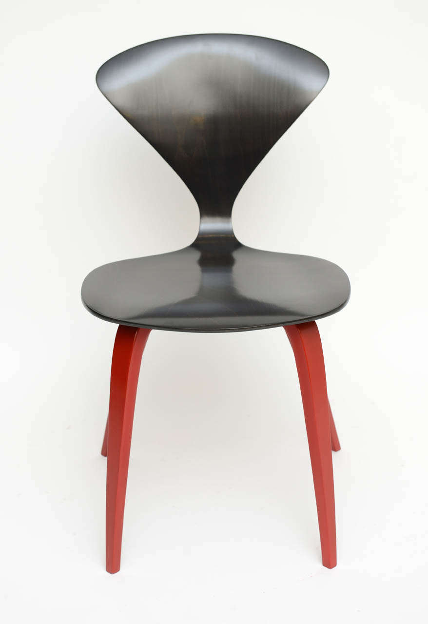 Ebonized Walnut Cherner Style Chairs with Chinese  Red Legs In Excellent Condition In Miami, FL