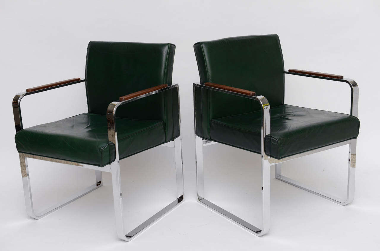 Streamlined Moderne Pair of 1940s Green Leather Chrome Streamline Modern Armchairs