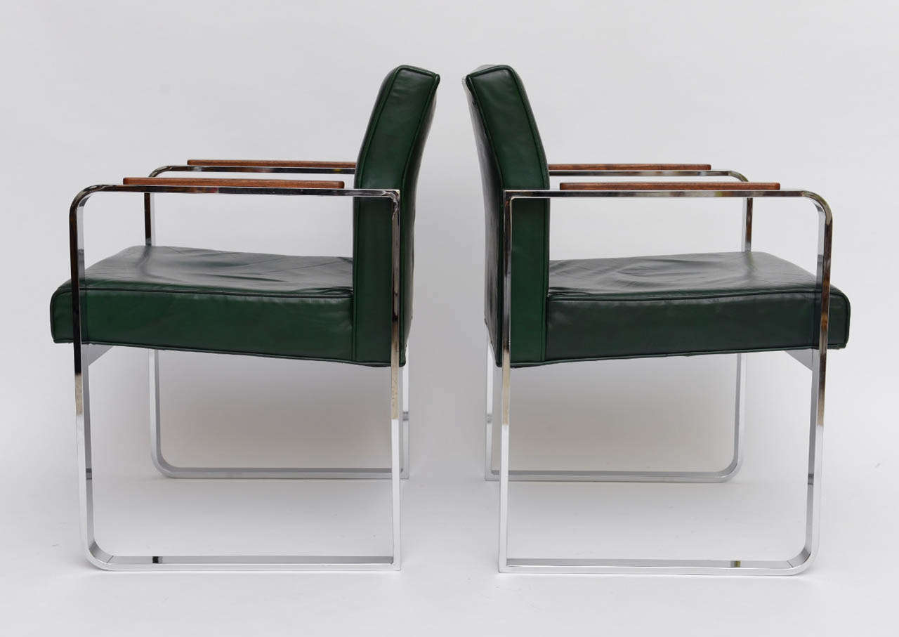 American Pair of 1940s Green Leather Chrome Streamline Modern Armchairs