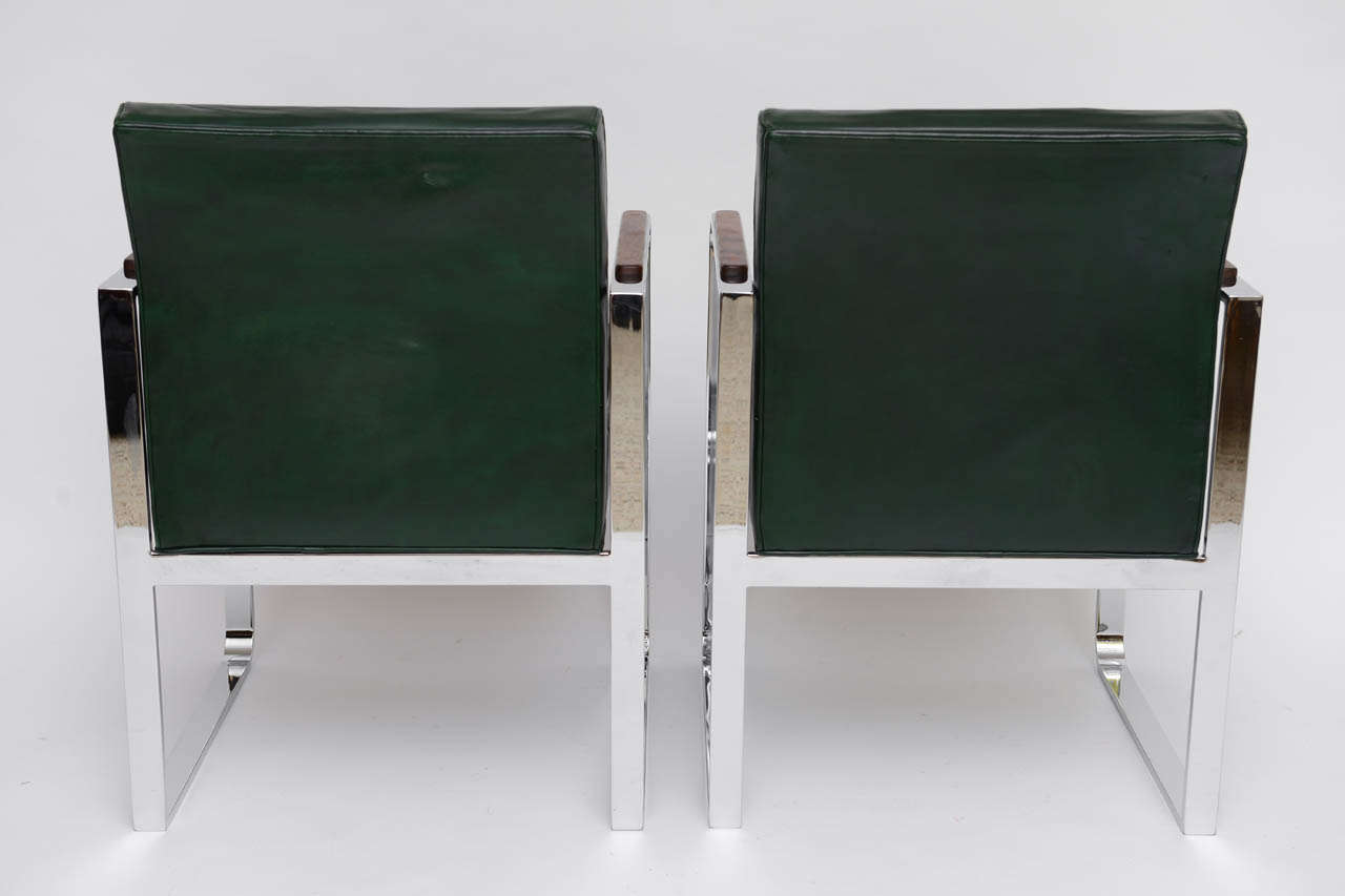 Mid-20th Century Pair of 1940s Green Leather Chrome Streamline Modern Armchairs