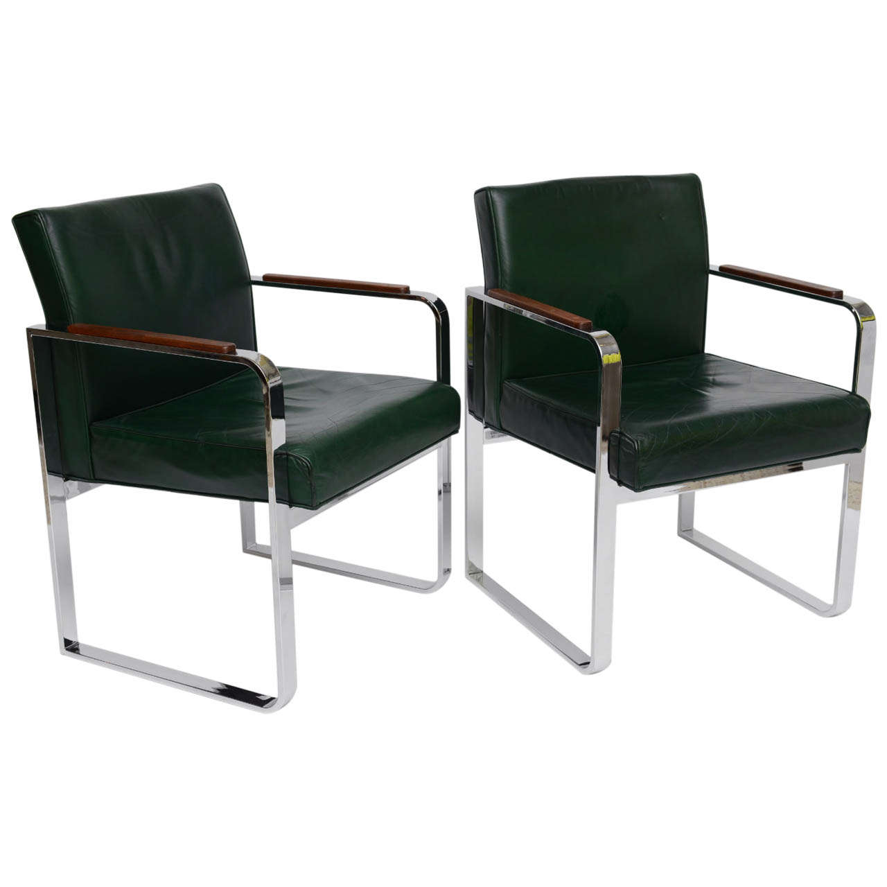 Pair of 1940s Green Leather Chrome Streamline Modern Armchairs