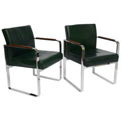 Pair 1940s Green Leather Chrome Streamline Modern Armchairs 1